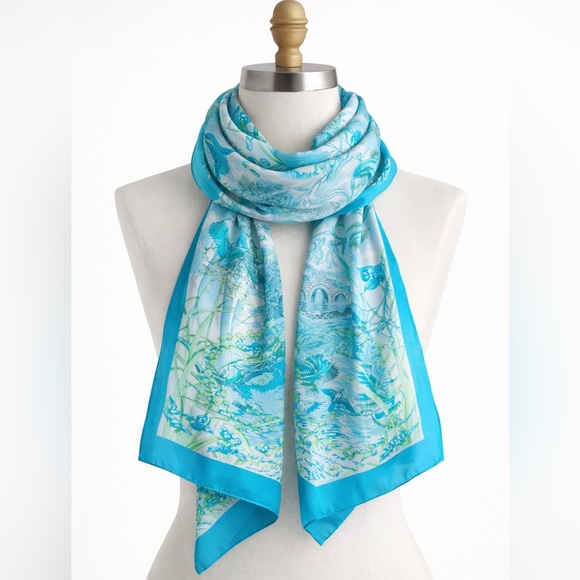 Hermes Turquoise and Cream Floral Scarf